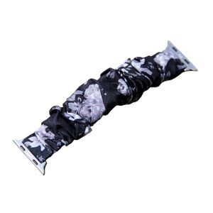 45 MM Apple Watch Band - Black Floral/Silver Metal Scrunchie